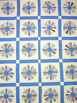 Vintage 1930's to 40's Quilt Dresden Plate Blue Antique Ivory White 93