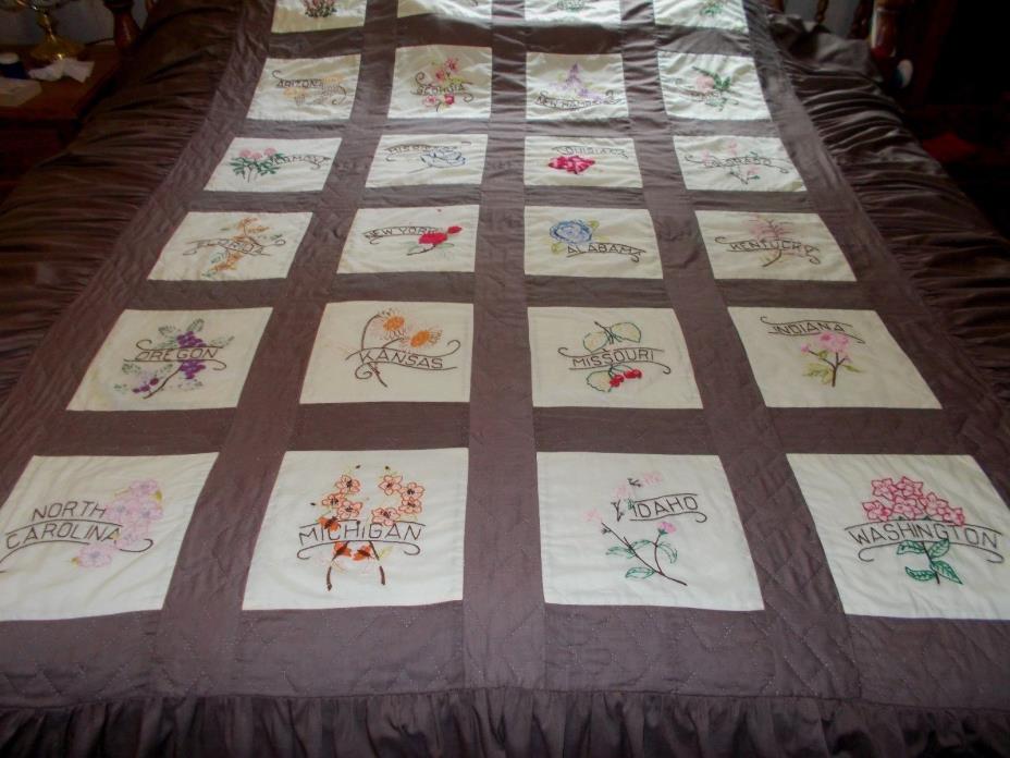 Vintage Hand Embroidered 48 State Flower Quilt with 18 1/2