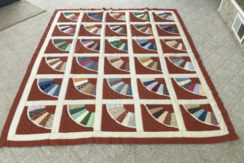Vintage Homemade Quilt Cotton Brown Multi Color Fan Crochet Coverlet Bedspread