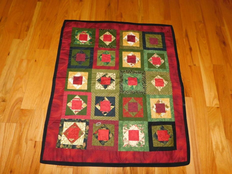 Square in a Square Small Quilt Handmade Hand Tie Red and Green