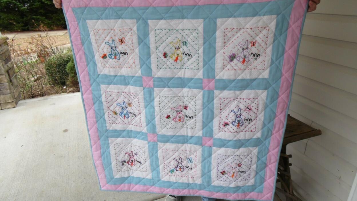 BABY EASTER QUILT HANDCRAFTED  HAND ENBROIDERED BUNNIES, MACHINE QUILTED 39