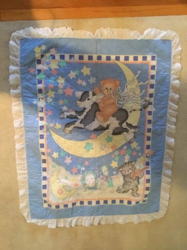 Vintage Nursery Rhyme Crib Quilt Baby Blanket Cow Moon Hey Diddle Diddle 42x39