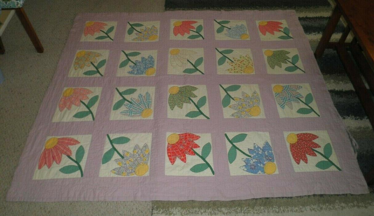 Antique Quilt Flowers Design Pattern Circa 1940's Hand Stitched