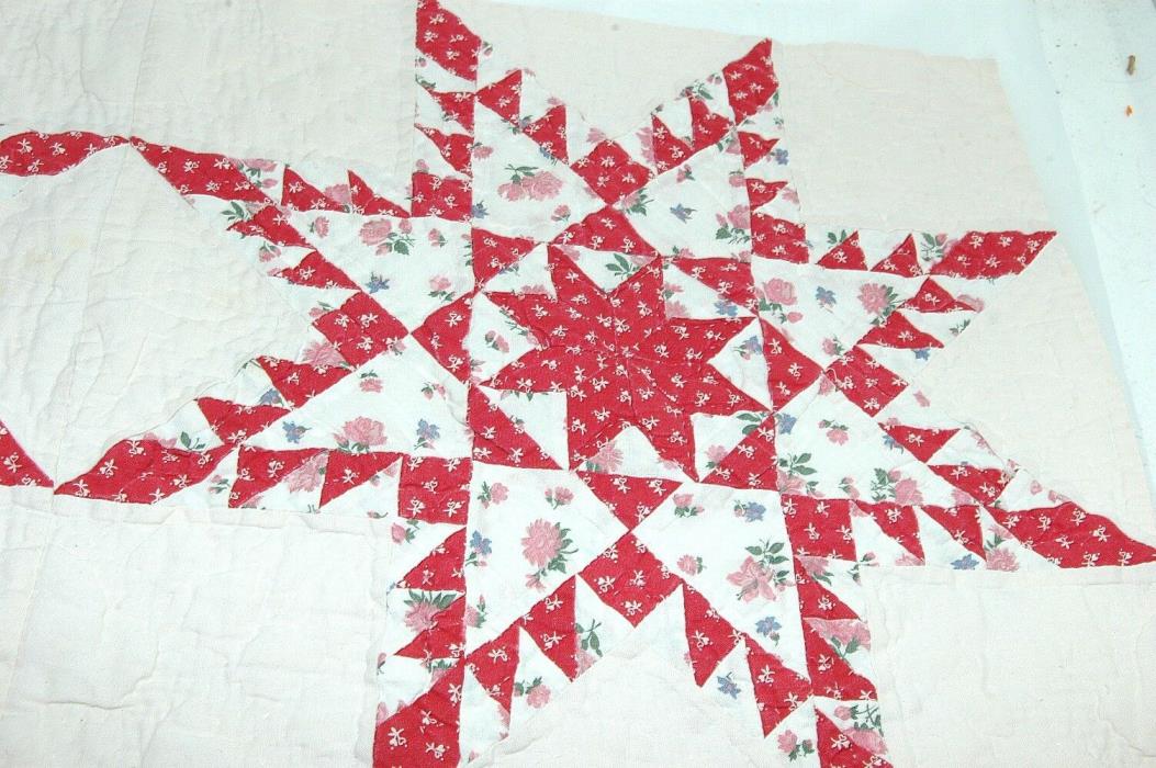 Red Print Double Feathered Star Patchwork Cotton Quilt Piece