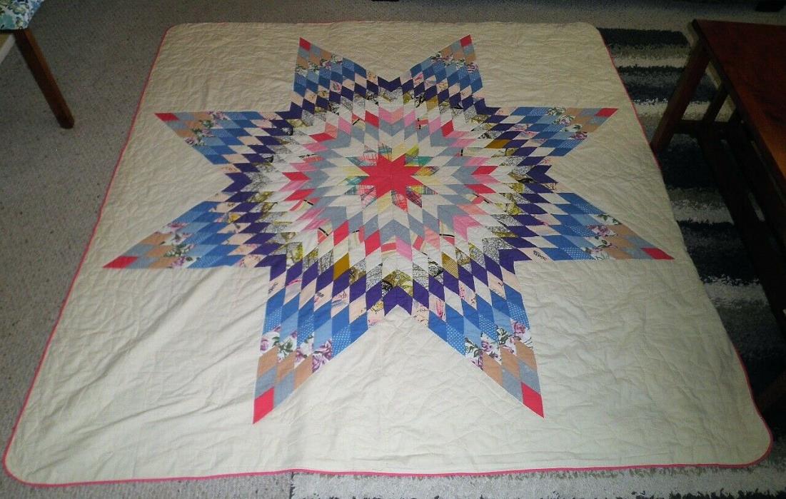 Antique Quilt Large Star Pattern Circa 1940's Hand Stitched