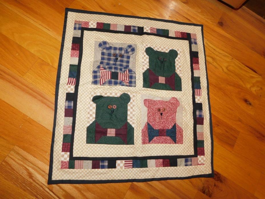 Teddy Bears Small Quilt Panel Handmade w/ Bow Ties Button Eyes Cute!