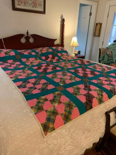 Vintage Cotton Pink Green Bowtie Hand Stiched Quilt 82 By 62
