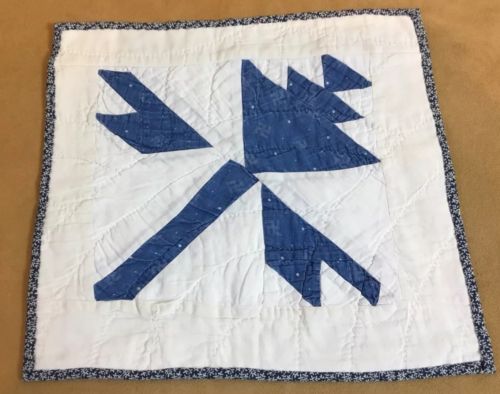 Antique Patchwork Quilt Square, Flower Design, Blue & White Calico, Early 1900's