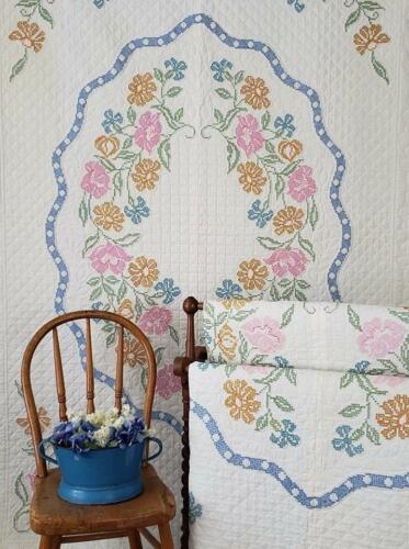 Charming PAIR Of Vintage Cross Stitch SPRING FLORAL QUILTS Never Used!