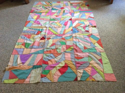 VTG QUILT HAND STITCHED Multi Shape handmade topper unfinished 51.5” x 86”