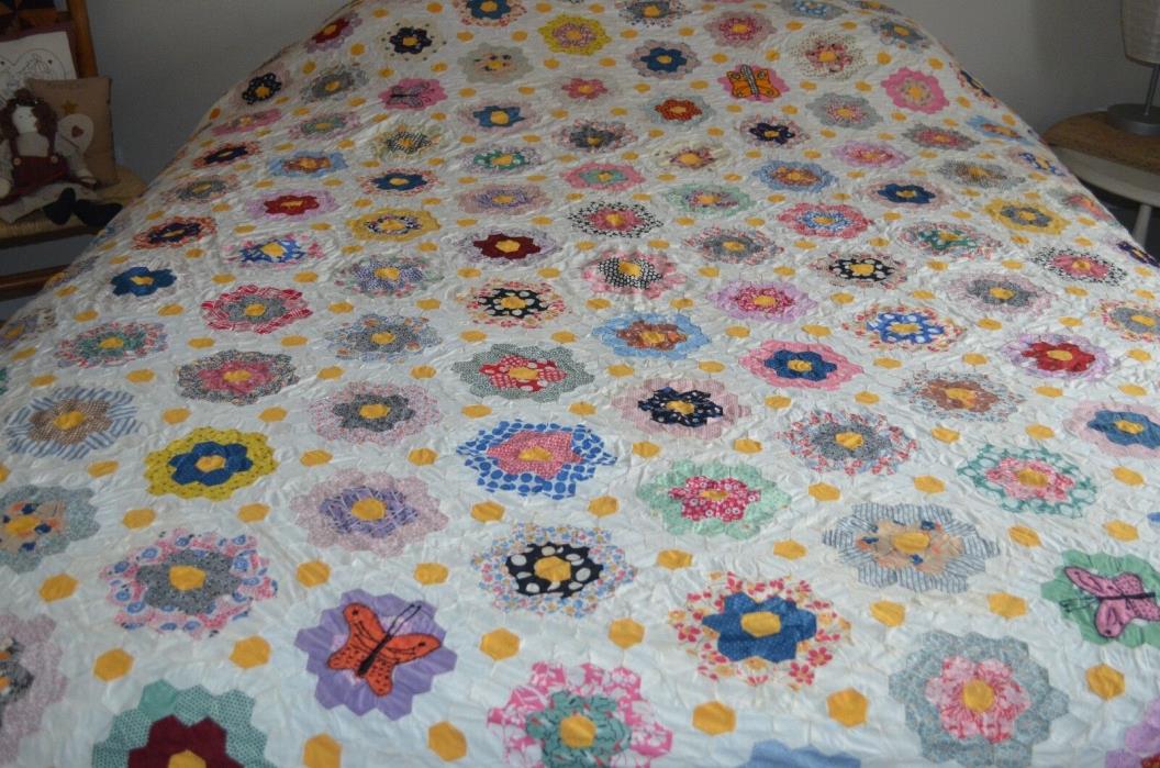 Vintage Heirloom Quilt Top Handstitched Hexagons Flowers Butterflies 87