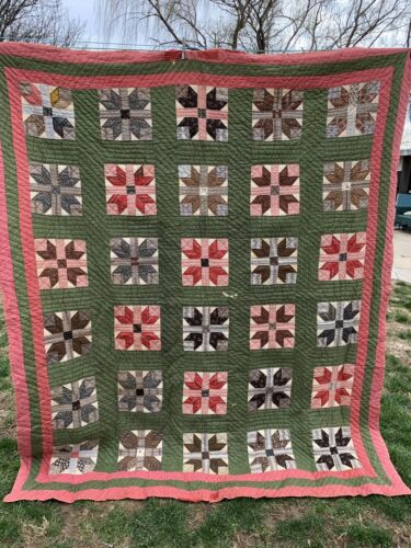 Vintage Early Green & Pink Calico Bear Claw Quilt Kentucky Made