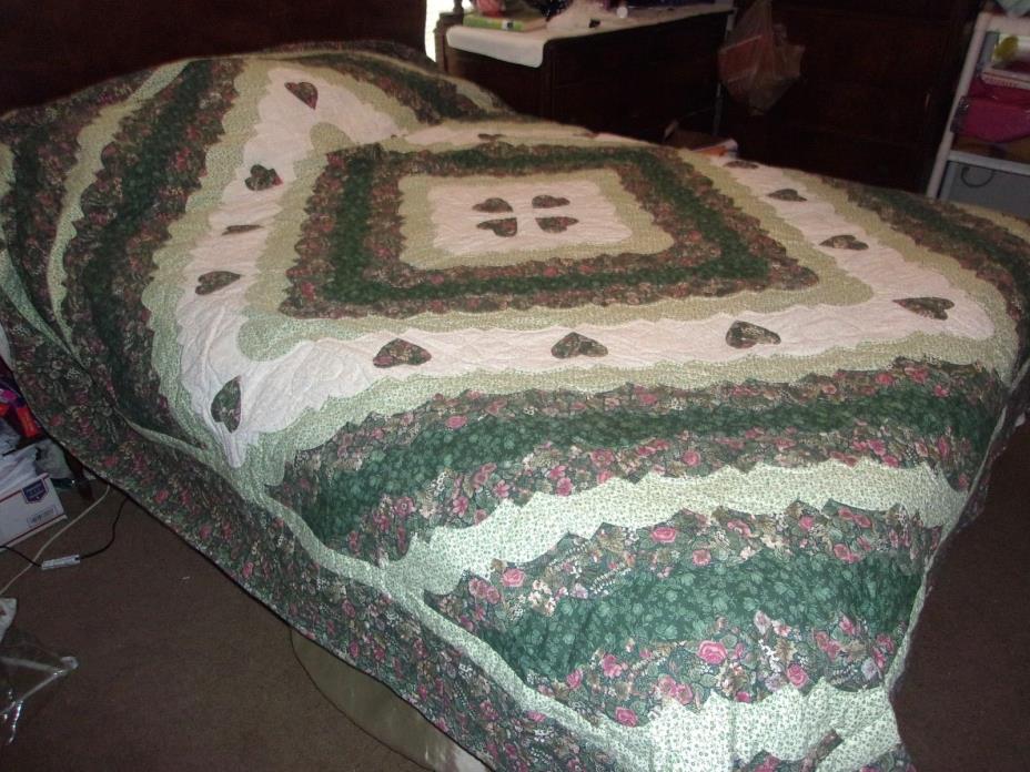 AMISH Handmade Queen size Ocean Wave QUILT with Hearts & flowers 90