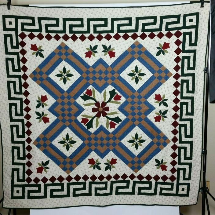 Geomtric Floral Patchwork Quilt Hand Quilted Hand Stitched Quilt Throw 65 x 65