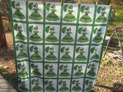 #88 vtg QUILT BLANKET HAND MADE QUILTED W/ladies applique cotton  92