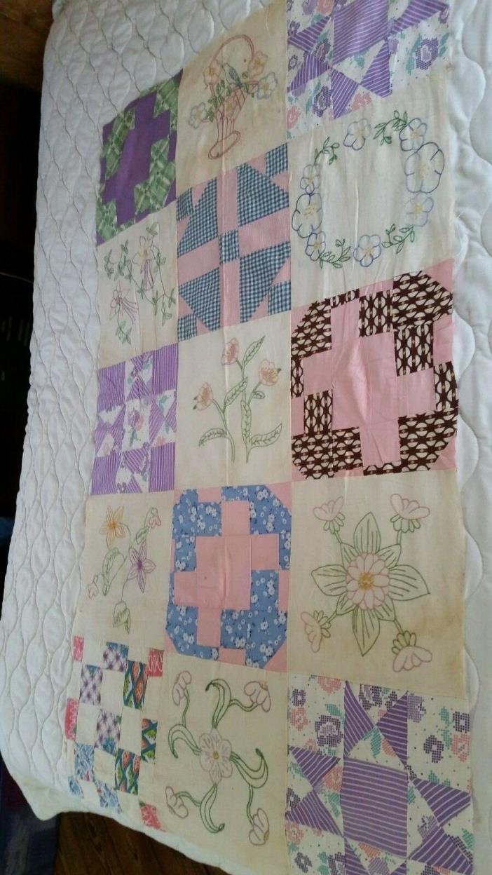 Vintage Unfinished Quilt  Blocks and Embroidery Top