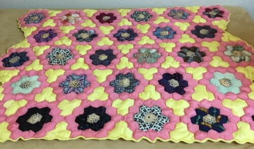 Vintage Patchwork Quilt, Flower Garden, Silks, Floral Calicos, Solids, Multi