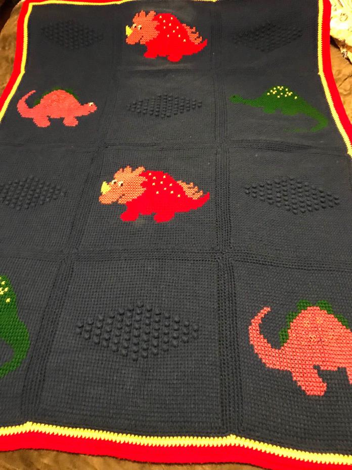 Afghan Blanket Hand Made Crocheted Dinosaurs Design Blue Background 51x71 Rare