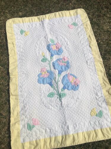 Rare Kittens Cats In Flower Crib Size Antique Applique Hand Stitched Quilt