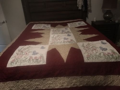 Burgundy Quilt With Embroidered Flower And Butterflies
