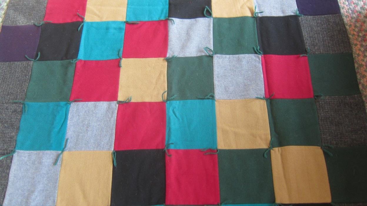 VTG WOOL HAND MADE & TIED MULTI-COLOR PATCHWORK QUILT 88 BLOCKS 1930'S 40' 50X70