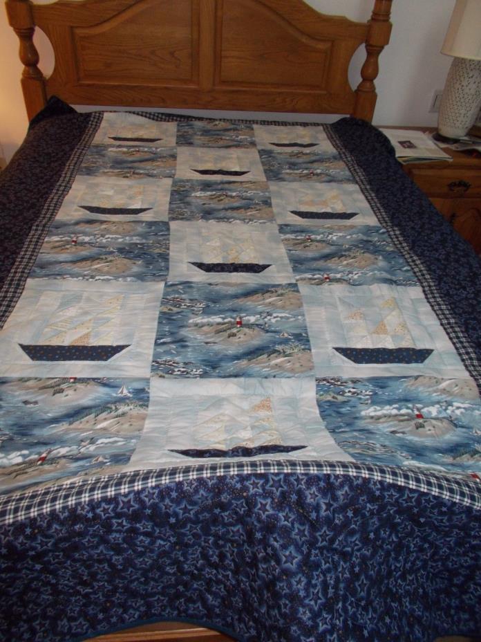 Large Handmade Lancaster Quilt with Seascape/Boat Pictures, Very Nautical