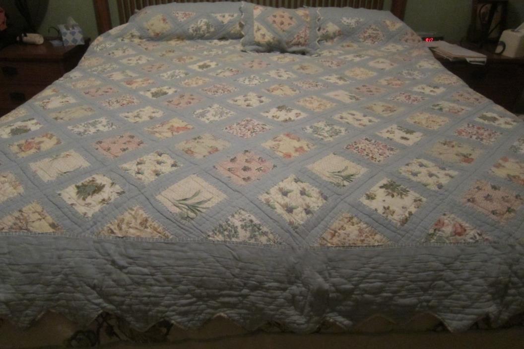 LINEN SOURCE PATCHWORK QUILT & SHAM 92X104 QUEEN/KING FLORAL ON BLUE STITCH