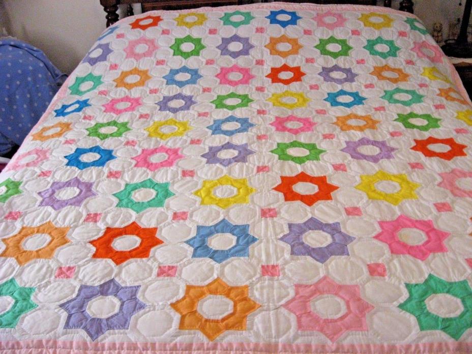 USA Made Beautiful Friendship Flower Garden Quilt all Hand Quilted 80