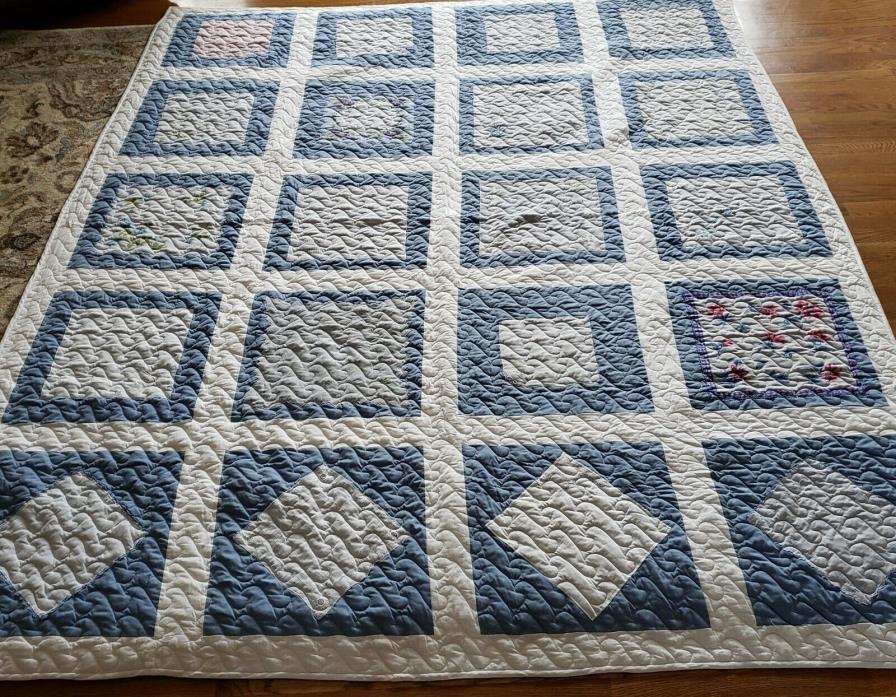 Vintage Handkerchief Quilt Dusty Blue/White Backing Never Used~Vintage Hankies