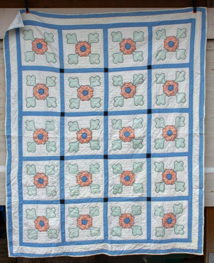 Vintage Hand Stitched Window Pane Fabric Quilt Coverlet  - 64