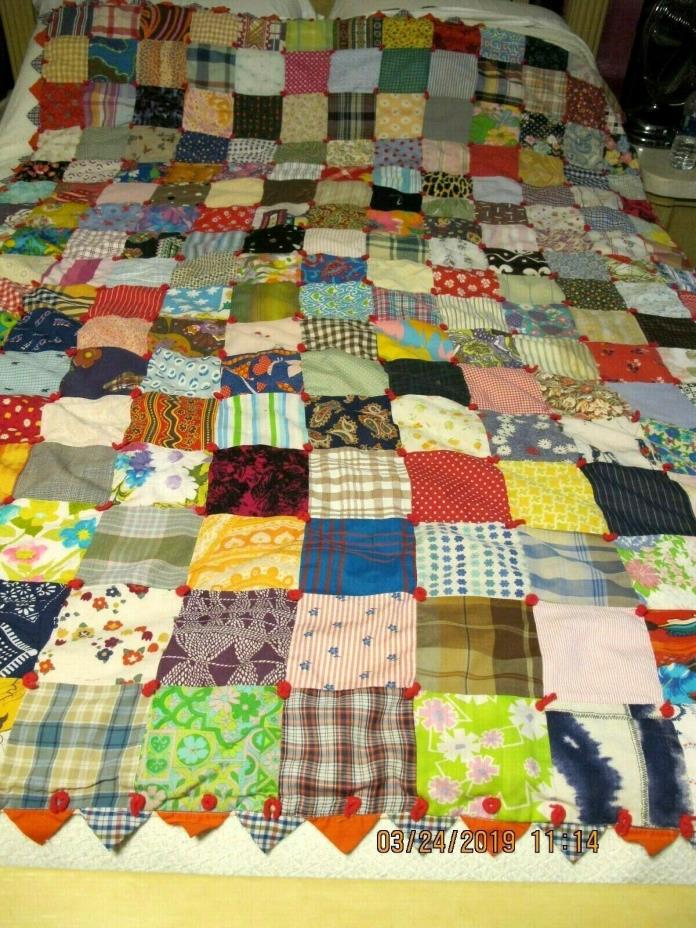 Vtg Granny Square Quilt w Yarn & Triangle Edges Multi Colored 72x56