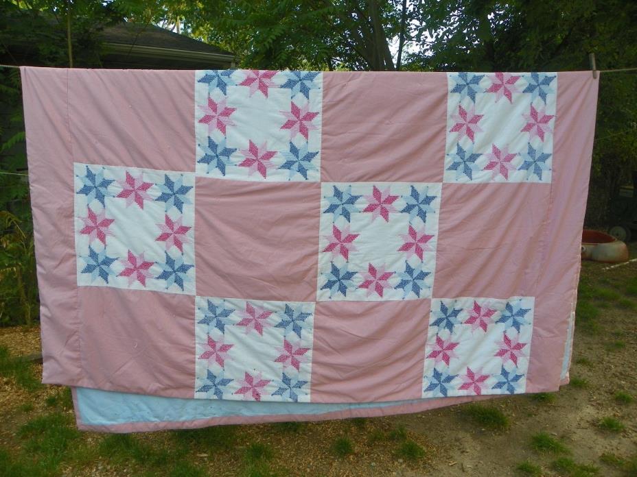 TWIN CROSS STITCHED STARS QUILT-HANDMADE- ALL COTTON-GREAT CLEAN CONDIITON