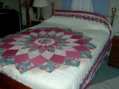 King/Queen Hand Made Pink Dahlia Quilt  92x99  Signed+Dated  2000