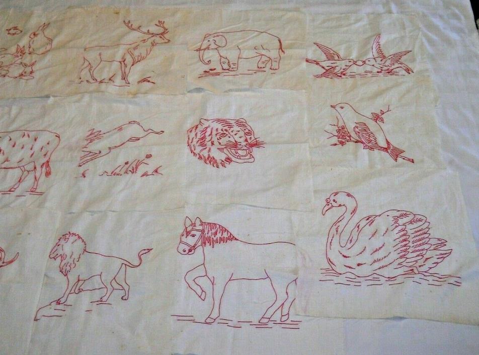 Vintage Redwork Embroidered Animal Quilt Top Squares Lot of 15
