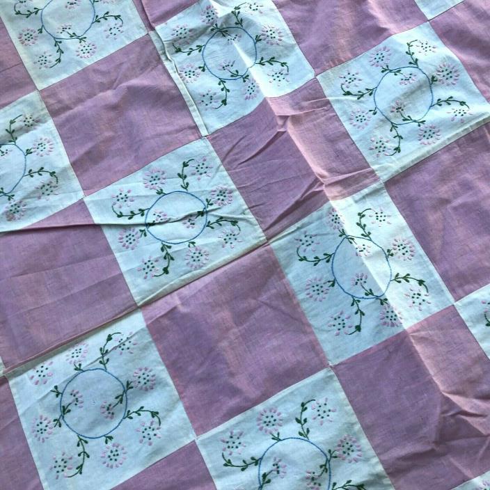 Vintage embroidered quilt topper Pink cream with Flowers 70
