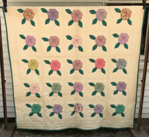 Vintage Quilt Field of Flowers applique embroidery antique rabbits