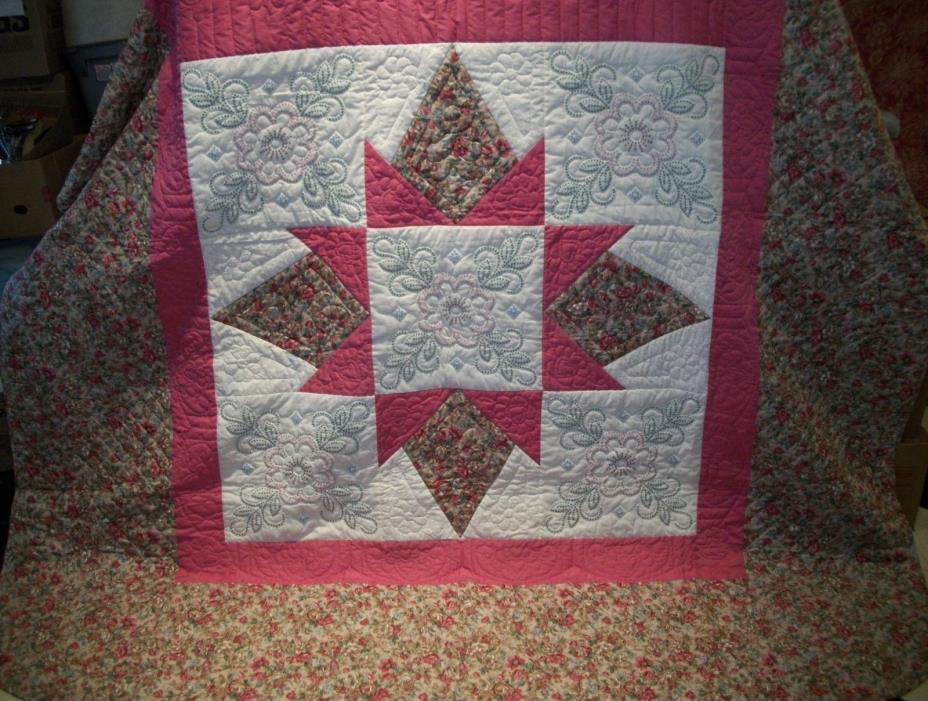 King 102x92 Hand Stitched Quilt Roses Flowers - Southern Indiana Church Picnic
