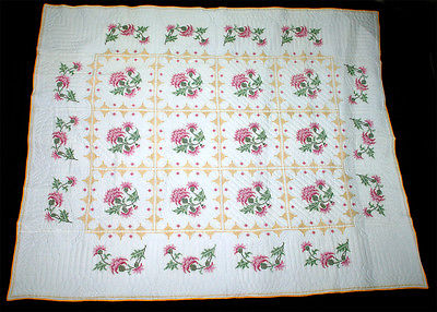 Vintage Hand Quilted Cross Stitched Quilt Flowers &  Squares Pink Gold Green