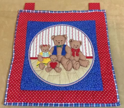 Printed Quilt Wall Hanging, Teddy Bear Family, Red, Blue, Off White, Hearts