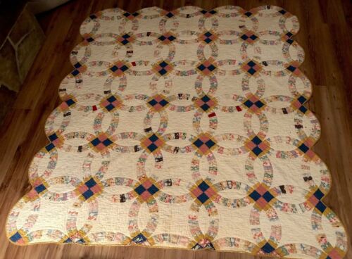Vintage Double Wedding Ring Quilt 86”x72” Not Perfect-Its Old