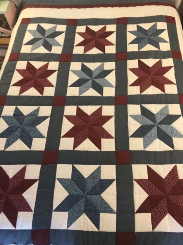 Nice Burgundy & Blue Hand Stitched Quilt ca 1990’s