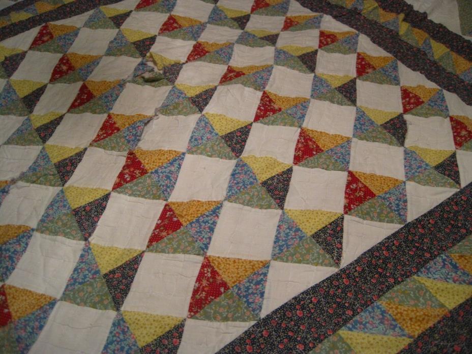 Vintage Cotton Fabric Quilt Hand stitched & Hand quilted Needs TLC Repair 74x83