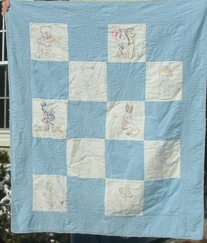 VTG BLUE CRIB QUILT BABY BLANKET EMBROIDERY 36x43 BUNNY DUCK FRAYED EDGES CUTTER