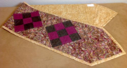 Patchwork Table Runner, Nine Patch, Hand Made, Paisley Print, Burgundy, Mauve
