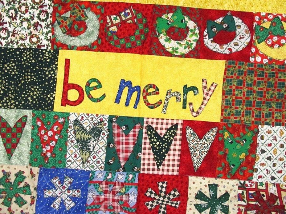 Handmade Christmas Quilt Throw BE MERRY applique candy canes stars hearts 43x52