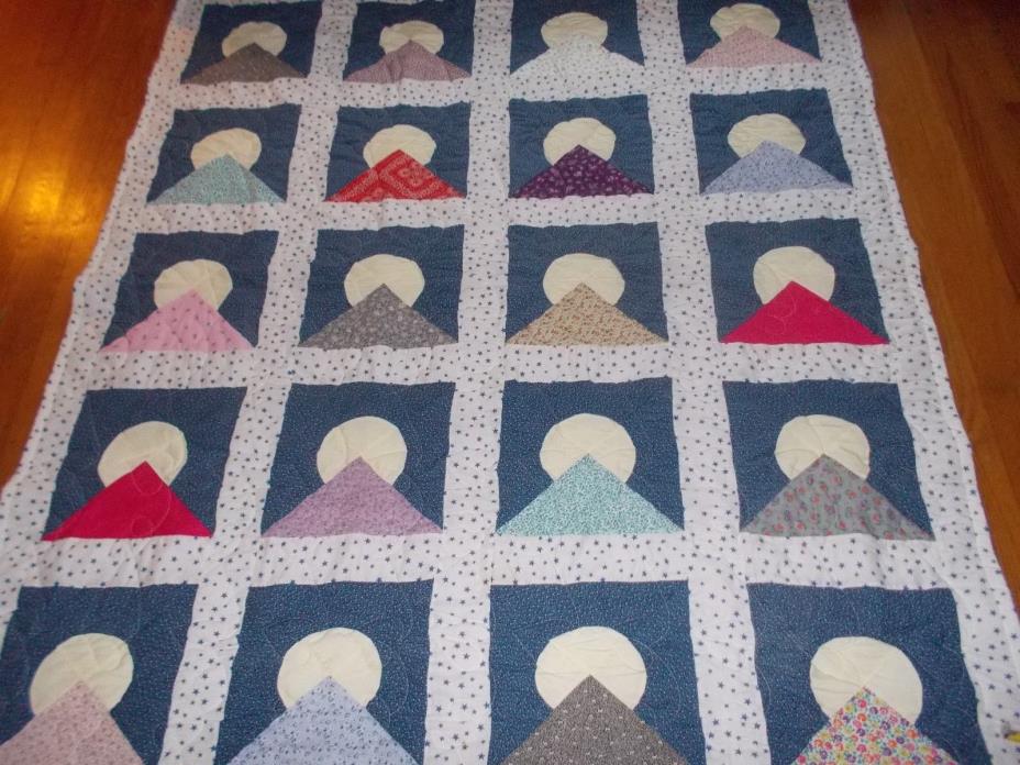HAND PIECED, MACHINE QUILTED QUILT-MOON OVER THE MOUNTAIN PATTERN-NEW-J 66 X 76