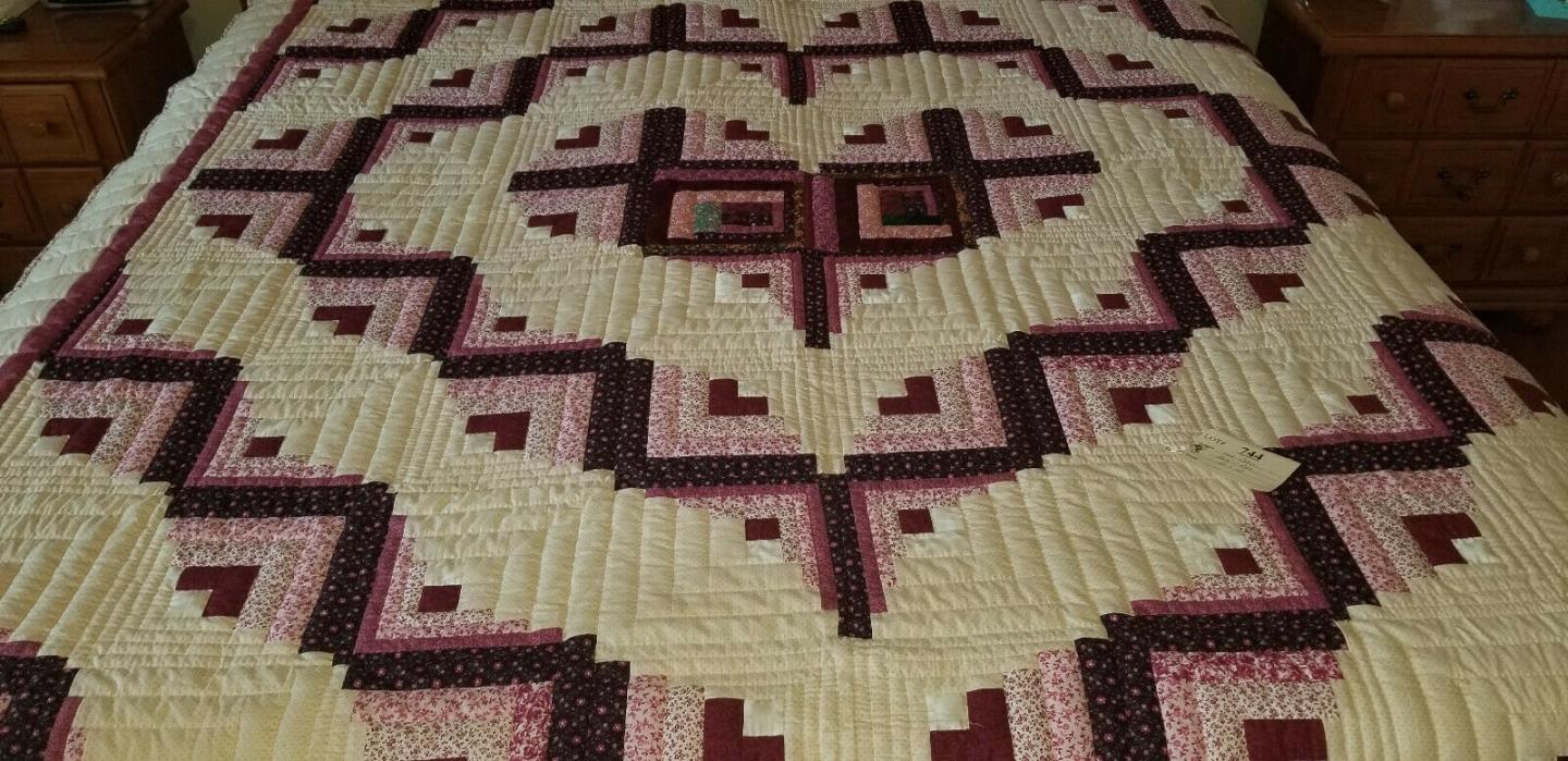 BRAND NEW AMISH LOG CABIN- HEART DESIGN/BERRY/PINK QUILT-115X115