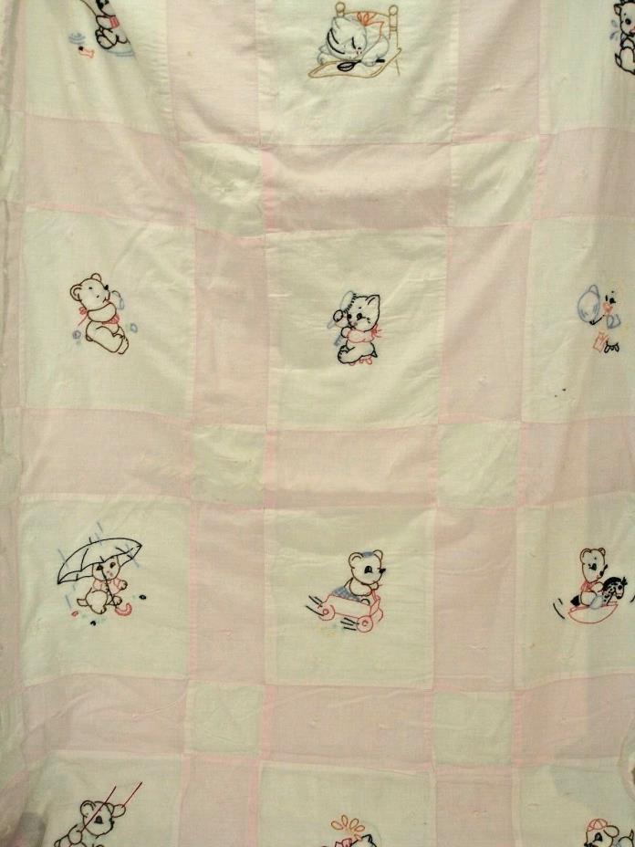 Q19 Vintage Child's Quilt, Hand Embroidered, Hand Tied, Baby Animals, Pale Pink