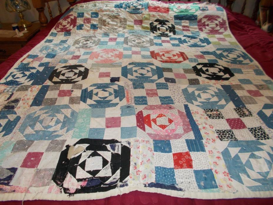 Vintage/Antique Abstract Crafted HandKnotted Quilt w/Feedsack Backing  66