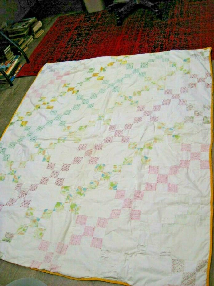 Vintage Handmade Cotton patchwork Quilt White multicolor TIE quilt 71 X 58.5